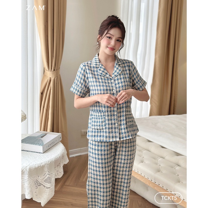 BỘ MẶC NHÀ SHE BY ZAM - TCKT5 -BỘ NGẮN TAY QUẦN DÀI KẺ THÔ COTTON - MÀU XANH