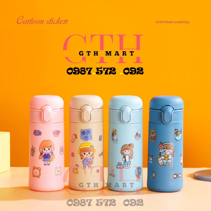 Bình nước giữ nhiệt cho bé học sinh có quai đeo nắp bật và ống hút gọn nhẹ dung tích 400ml, tiện lợi cao cấp-GTH Mart