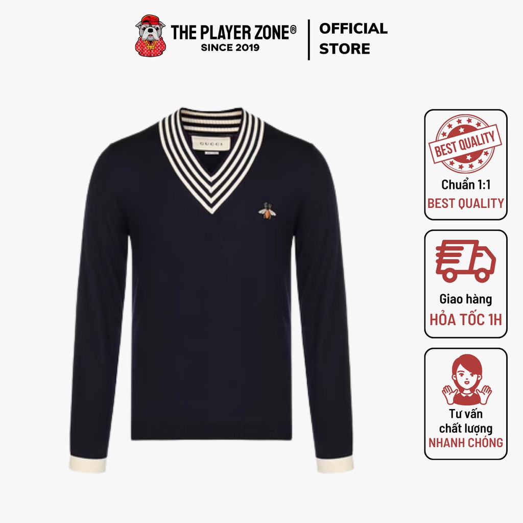 Củ Chi Sweater - Áo Sweater Củ Chi Navy Blue Wool Knit Bee Appliqued V Neck (Navy)