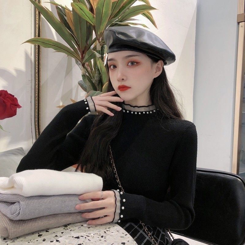Áo Sweater Dệt Kim Tay Dài Cổ Lọ Đính Ngọc Trai Thời Trang Sang Trọng Cho Nữ