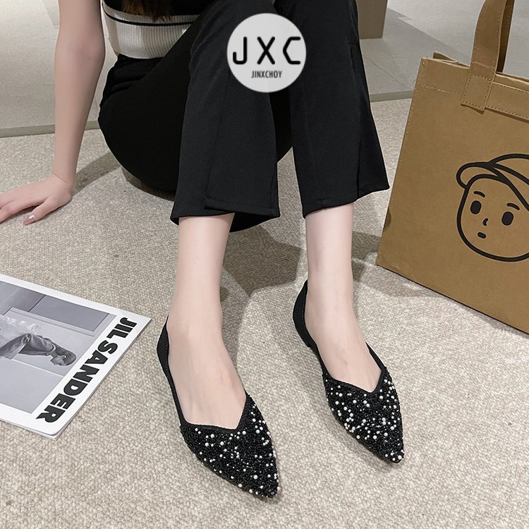 Mới Giày Lười Da pu Gót Thấp Mũi Nhọn Đính Sequin Lấp Lánh Thời Trang Cho Nữ