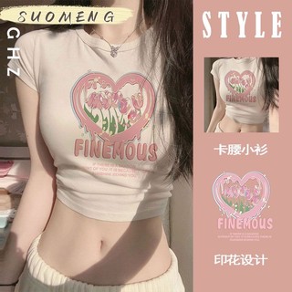 SUOMENG Áo croptop áo thun baby tee nữ âu mỹ chất cạp cao Cổ tay ngắn in họa tiết Vintage 2023NEW JL1311