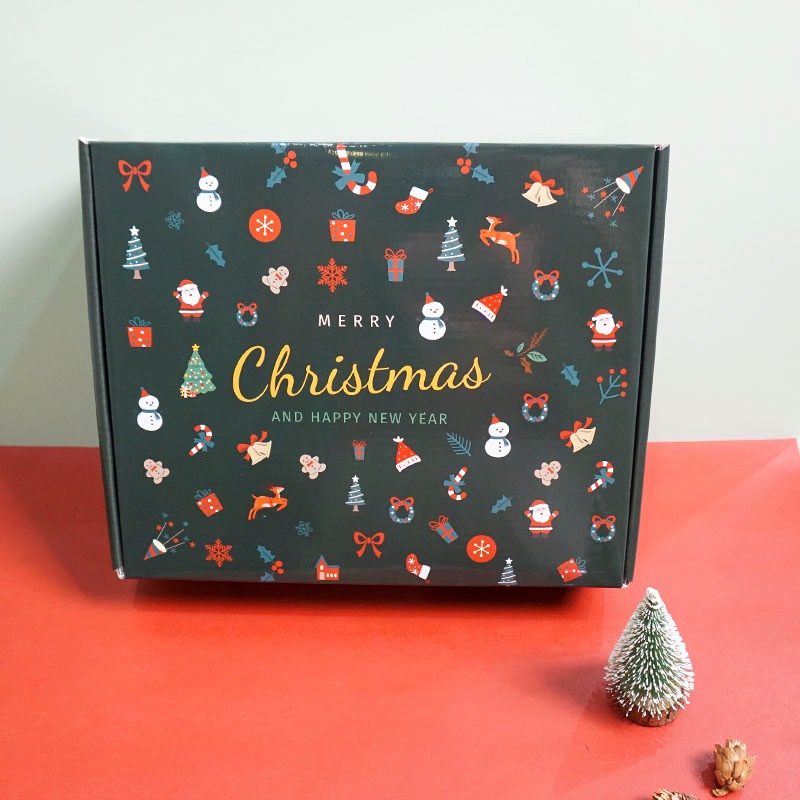 Hộp giấy đựng quà giáng sinh noel nắp gài H30 kèm rơm 20x25x8cm cứng cáp, hoạ tiết in sắc nét
