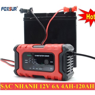 Máy sạc bình ắc quy tự động 12V 6A 4AH-120AH Foxsur sạc ắc quy ô tô sạc ắc quy xe máy tự ngắt khi đầy chống ngược cực