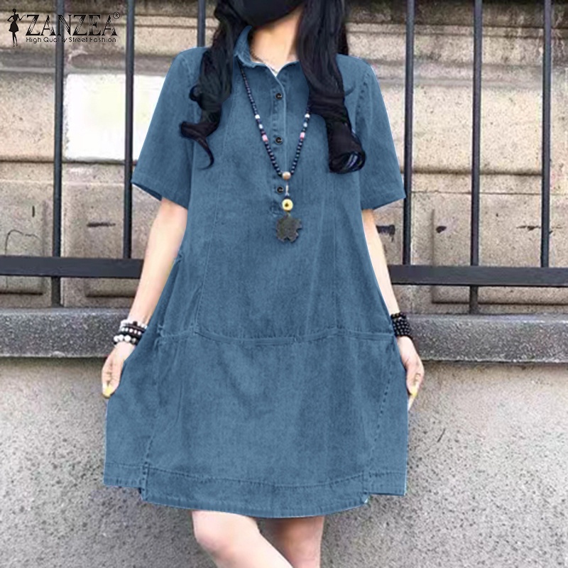 Đầm denim ZANZEA tay ngắn dáng rộng cài nút trước thời trang cho nữ | BigBuy360 - bigbuy360.vn