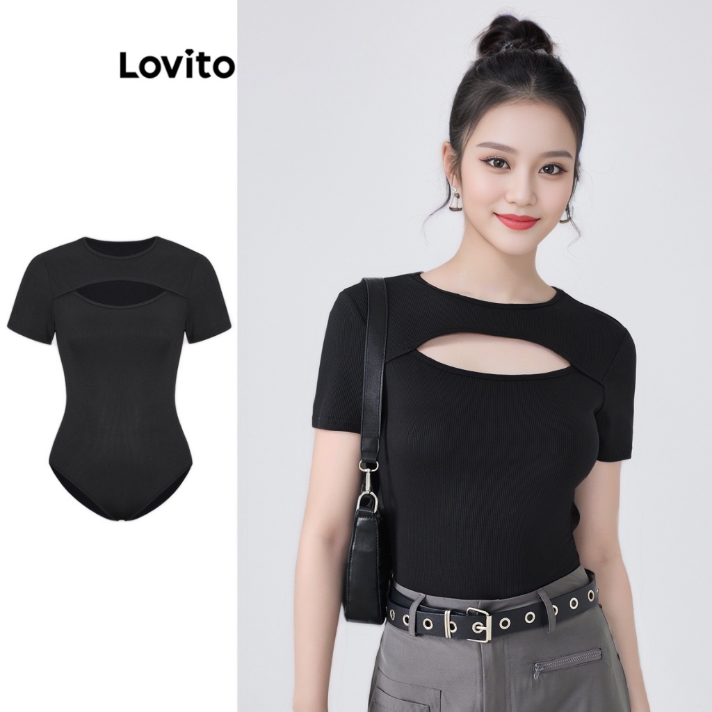 Áo liền quần Lovito phong cách thường ngày màu trơn cắt xẻ thời trang dành cho nữ L54ED064 (đen)