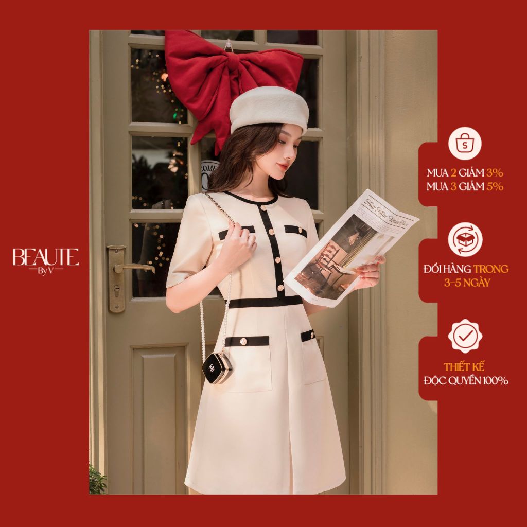 BEAUTEBYV - Váy nữ cổ tròn viền đen đính cúc trang trí Neige