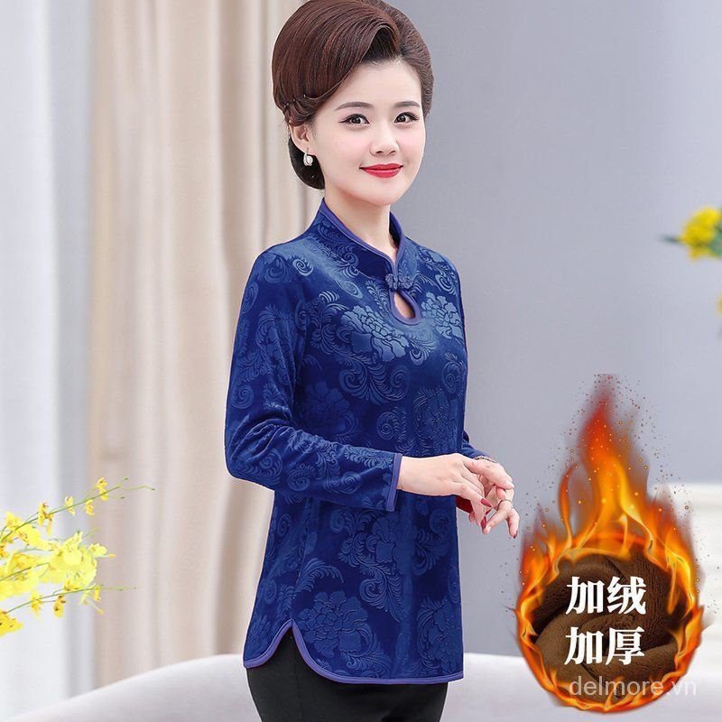 Áo Thun Tay Dài Lót Nhung Dày Dặn Giữ Ấm Mùa Đông Phong Cách Dân Tộc Mới Cho Mẹ Và Bé