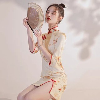 Sườn xám Đầm sửa đổi đồng phục Hươu in hình Phong cách Trung Quốc nhỏ ngắn cổ điển mới 2023 áo choàng chiến đấu năm mới