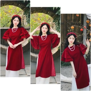 Sét Áo Dài Cách Tân Nhung Đỏ Tay Xoè Bèo Vai cánh tiên Kèm Quần Trắng Dài đi chơi dự tiệc đám cưới noel tết hottrend,EYE