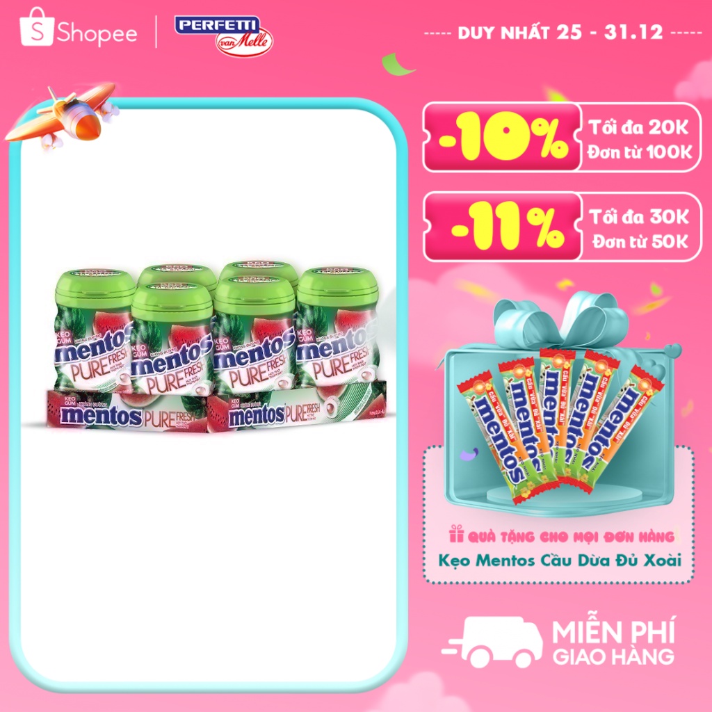 Kẹo gum Mentos Pure Fresh Hương Dưa Hấu (Hộp 6 hũ)
