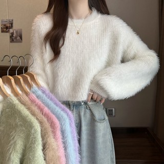 Phong cách nhẹ nhàng Cổ tròn giả lông chồn lông cừu mềm mại có đèn lồng tay áo len ngắn