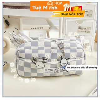 Túi vải đựng bút caro ghi xám cún con Happy Lucky ngăn đựng lớn TB15 Hộp bút Hàn Quốc siêu rộng