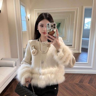 2025 Phong Cách Mới Pháp Trắng Giả Cáo Len Lông Đơn Lông Thú Nữ Nhẹ Sang Trọng Len Hoa Áo Khoác Ngắn