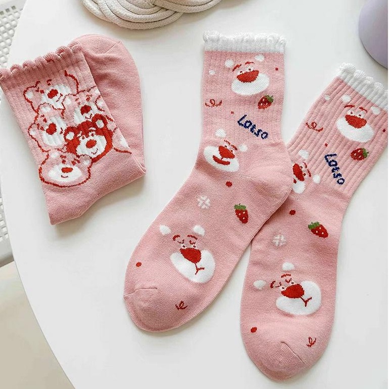 Vớ Dài Trung Bình Họa Tiết Gấu Dâu Tây Hoạt Hình Nhật Bản Dễ Thương Dễ Phối Đồ Thời Trang Cho Nữ Sinh
