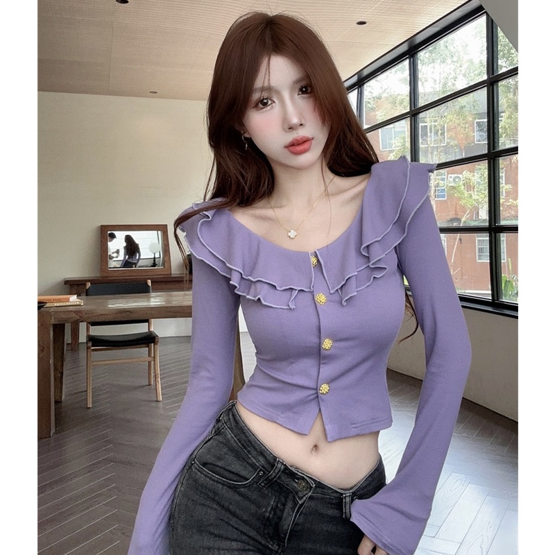 Áo Thun Tay Dài Cổ Chữ v Nhún Bèo Thời Trang Mùa Thu Quyến Rũ Cho Nữ