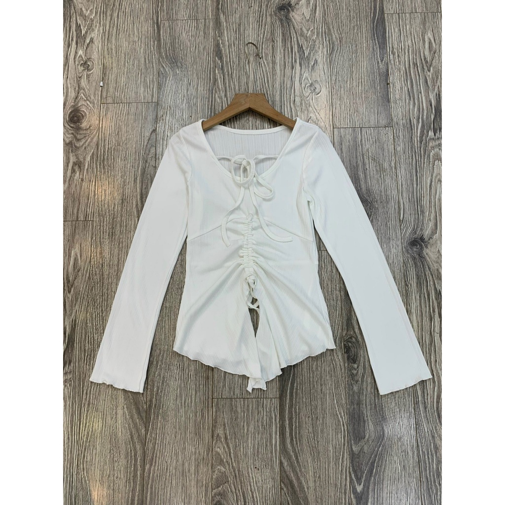 Áo thun gân tăm xẻ giữa rút dây viền xoè A2865 SUSSTORE