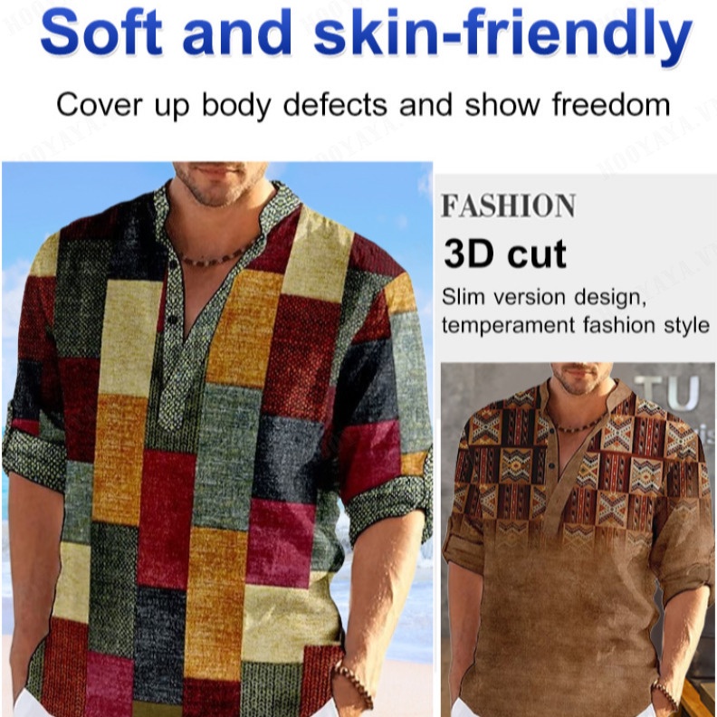 Áo sơ mi cổ đứng in 3D đầy màu sắc 40-110kg Áo sơ mi vải lanh thoáng khí thông thường