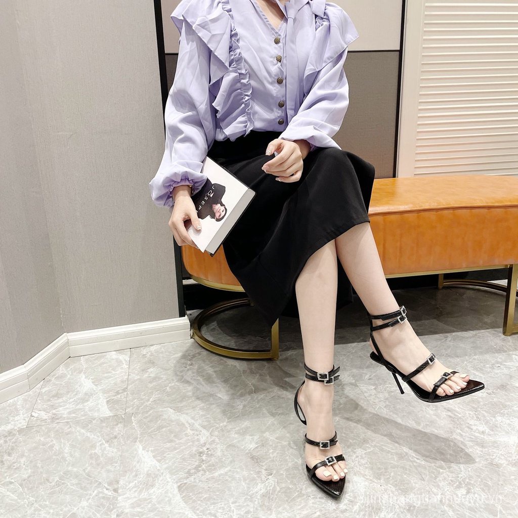 Niche Giày Cao Gót Sandal Màu Đen Thời Trang Mùa Hè 2023 Cho Nữ
