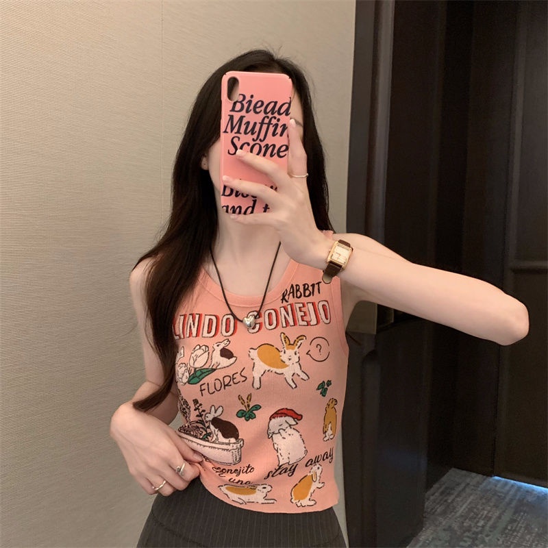 Áo Dệt Kim Hai Dây Dáng Ngắn In Họa Tiết Thời Trang Mùa Hè Cho Nữ