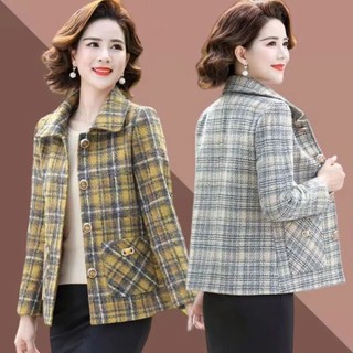 Áo Khoác Vest Vải Len Kẻ Sọc Ca Rô size Lớn Thời Trang Xuân Thu Cho Nữ Trung Niên