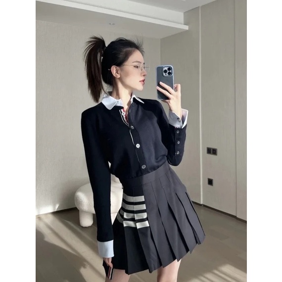 MVDM Thom Browne college style two-piece spring clothes 2023 new fashionable lapel shirt fake two-piece aging slim knit cardigan
