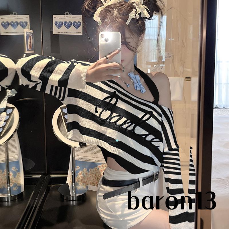 Bộ Áo sweater Trễ Vai + Áo sweater Dệt Kim Kẻ Sọc Dáng Rộng Kiểu vintage Thời Trang Cho Nữ xo8k