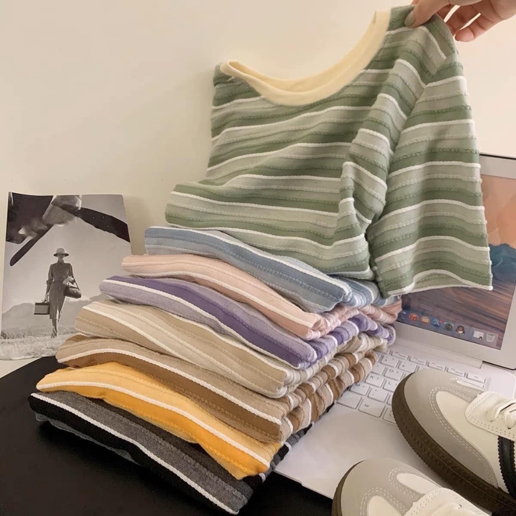 Áo thun croptop nữ tay ngắn cổ tròn kẻ sọc màu sắc hàng Quảng Châu chất cotton, áo phông mùa hè thời trang hàn 702 5