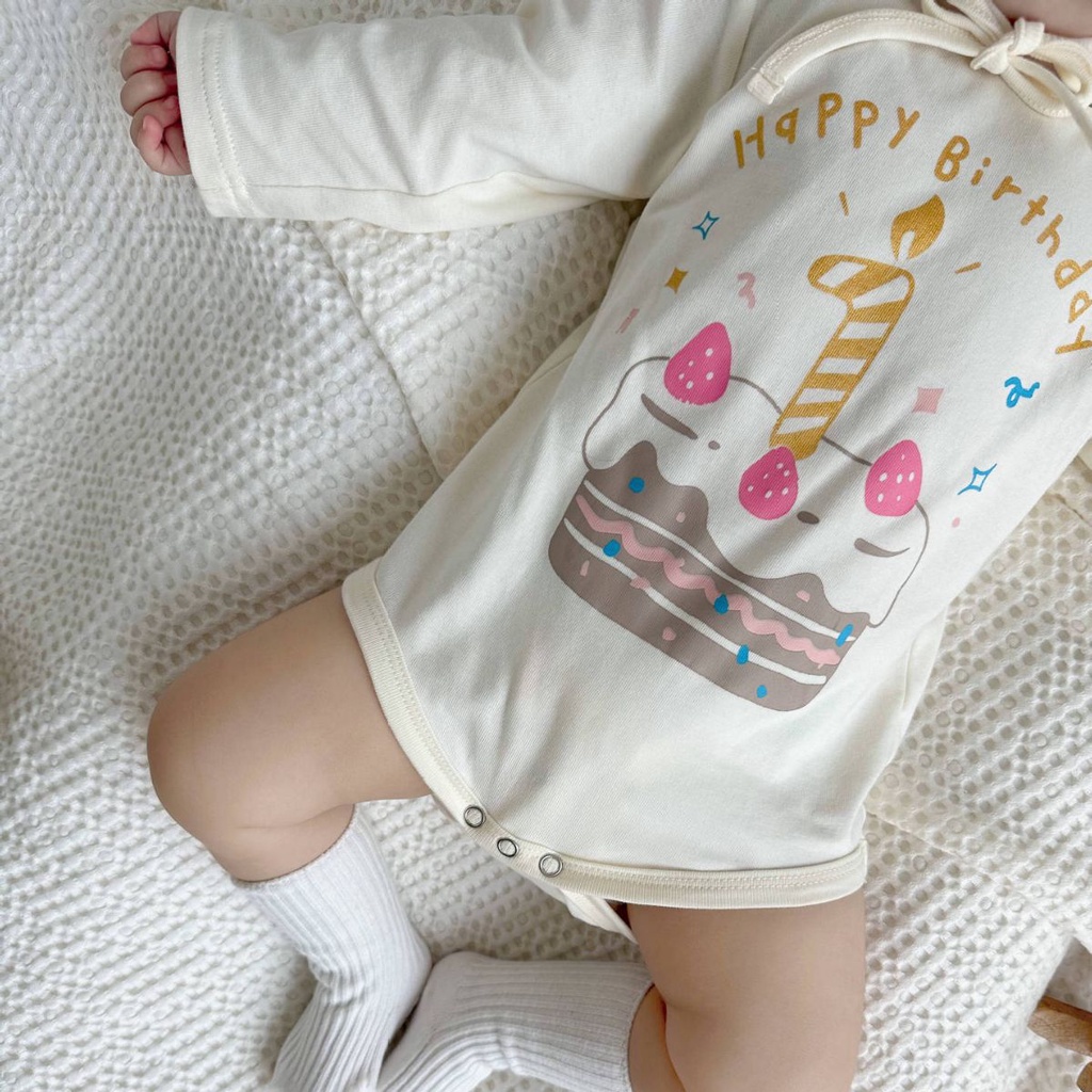 1 Bộ Áo Liền Quần Tay Dài In Hình Bánh Sinh Nhật + Nón 2 Món Thời Trang Cho Bé Sơ Sinh