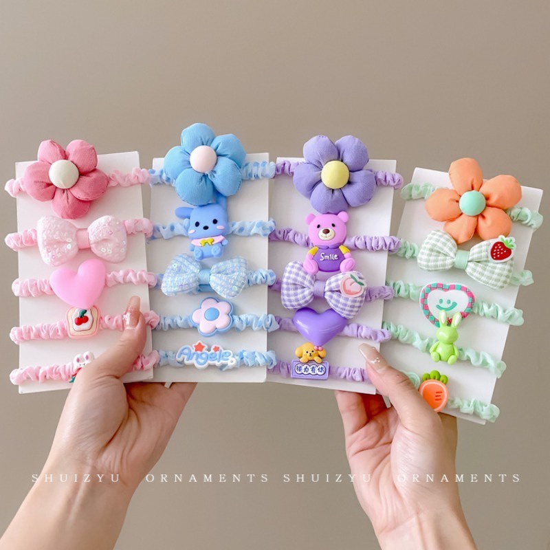 Set 5 Dây Cột Tóc Đính Hoa Hoạt Hình Nhiều Màu Sắc Ngọt Ngào Cho Bé Gái