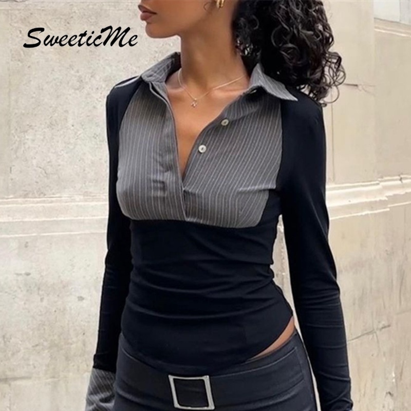 Sweeticme Áo Sơ Mi polo Tay Dài Loe Ôm Dáng Họa Tiết Kẻ Sọc Màu Tương Phản Thời Trang Mới 2023 Dành Cho Bạn Nữ
