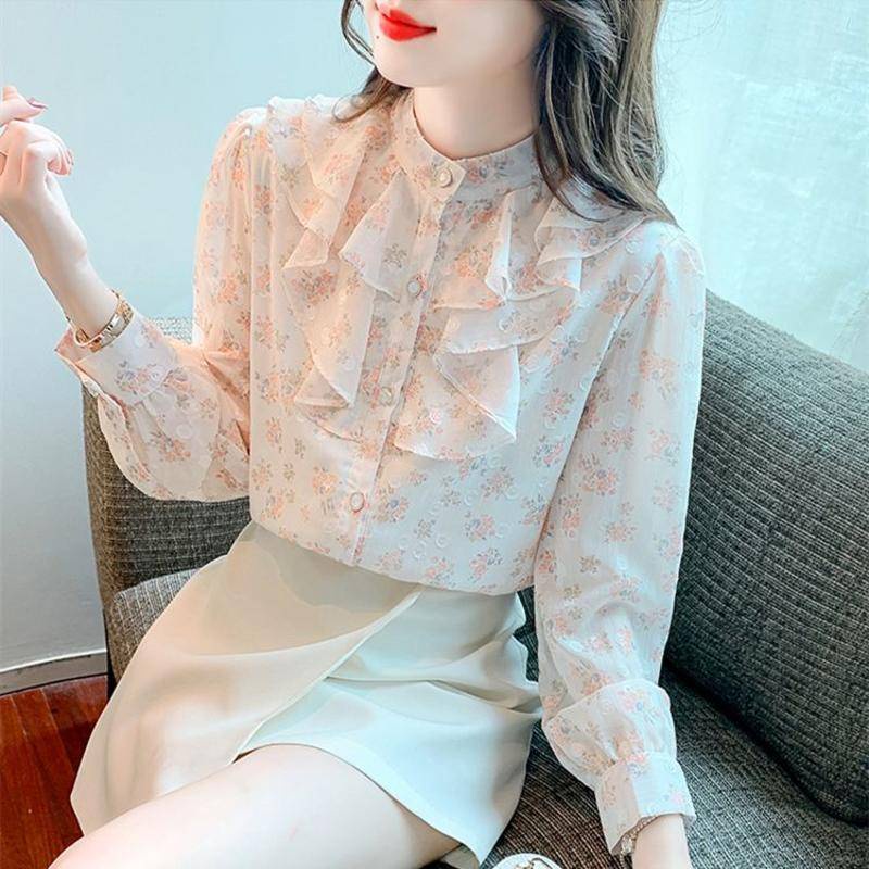 Áo Sơ Mi chiffon Tay Dài Phối Bèo Họa Tiết Hoa Phong Cách Pháp