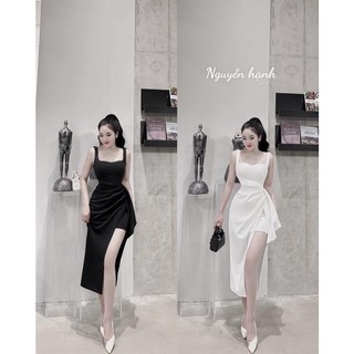 Đầm body đi tiệc cao cấp A451 chất umi dày co giãn kiểu 2 dây to phối bèo xếp ly xẻ tà bên trái  freesize KimHoa77