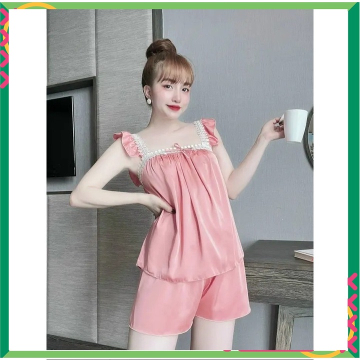 áo hai dây quần đùi , Đồ Ngủ Sexy 2 Dây hở lưng dễ thương, Đồ bộ đùi mặc nhà viền ren - CN50