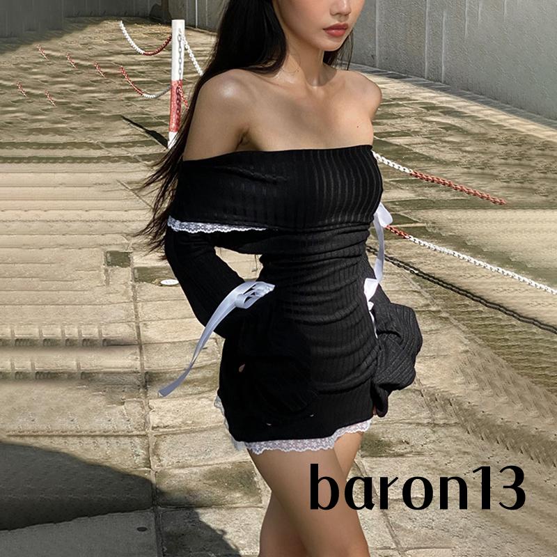 Xo8k-đầm Body Tay Dài Hở Vai Phối Dây Cột Thời Trang Cho Nữ