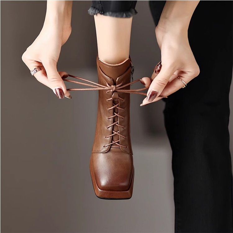 Giày Bốt Cao Gót Mũi Vuông Cột Dây Chống Thấm Nước Thời Trang Cá Tính Cho