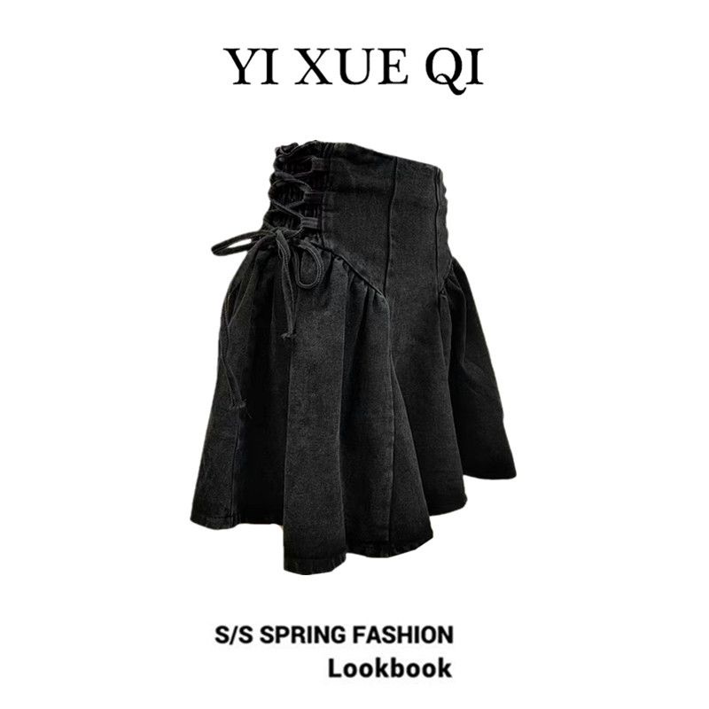 Chân Váy denim Chữ a Xếp Ly Cột Dây Lưng Cao Có Thể Điều Chỉnh Phong Cách Mỹ Cho Nữ
