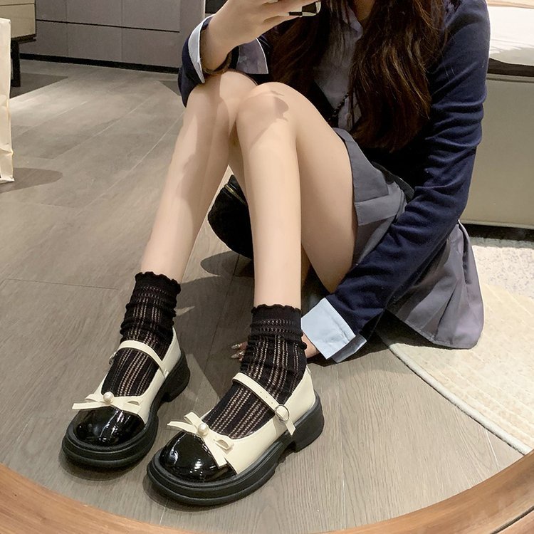 Giày Bup Bê Nữ 2 Màu Giày Mary Jane Da Thắt Nơ Phong Cách retro Pháp 2023 Dễ Phối Đồ