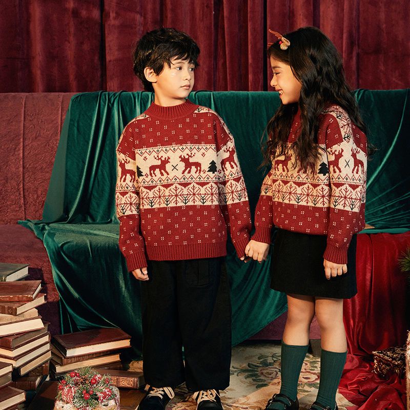 Áo sweater Vải Lông Cừu Dày Chui Đầu Màu Đỏ Giáng Sinh Phong Cách Hàn Quốc Dễ Thương Thu Đông Cho Bé Trai Bé Gái
