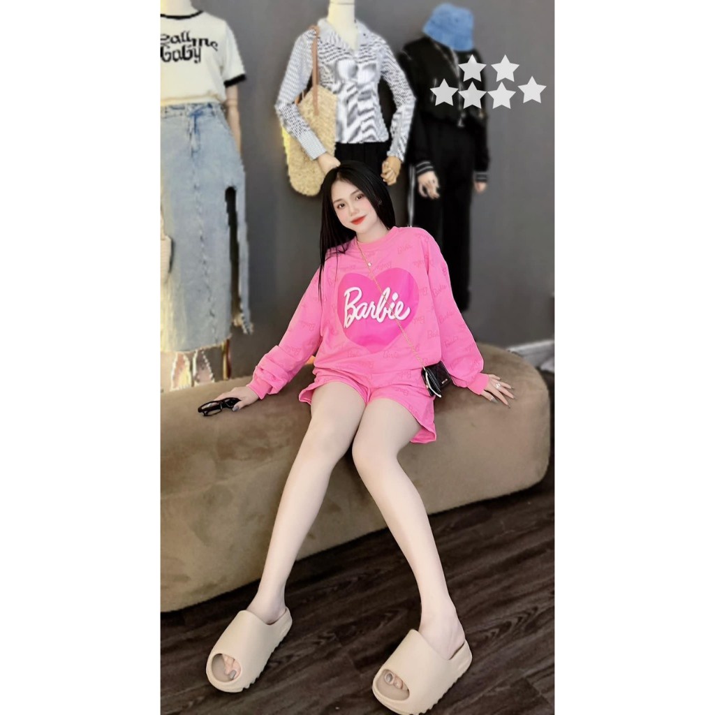 Set áo thun tăm babie phom rộng tay dài kèm quần đùi co giãn tốt