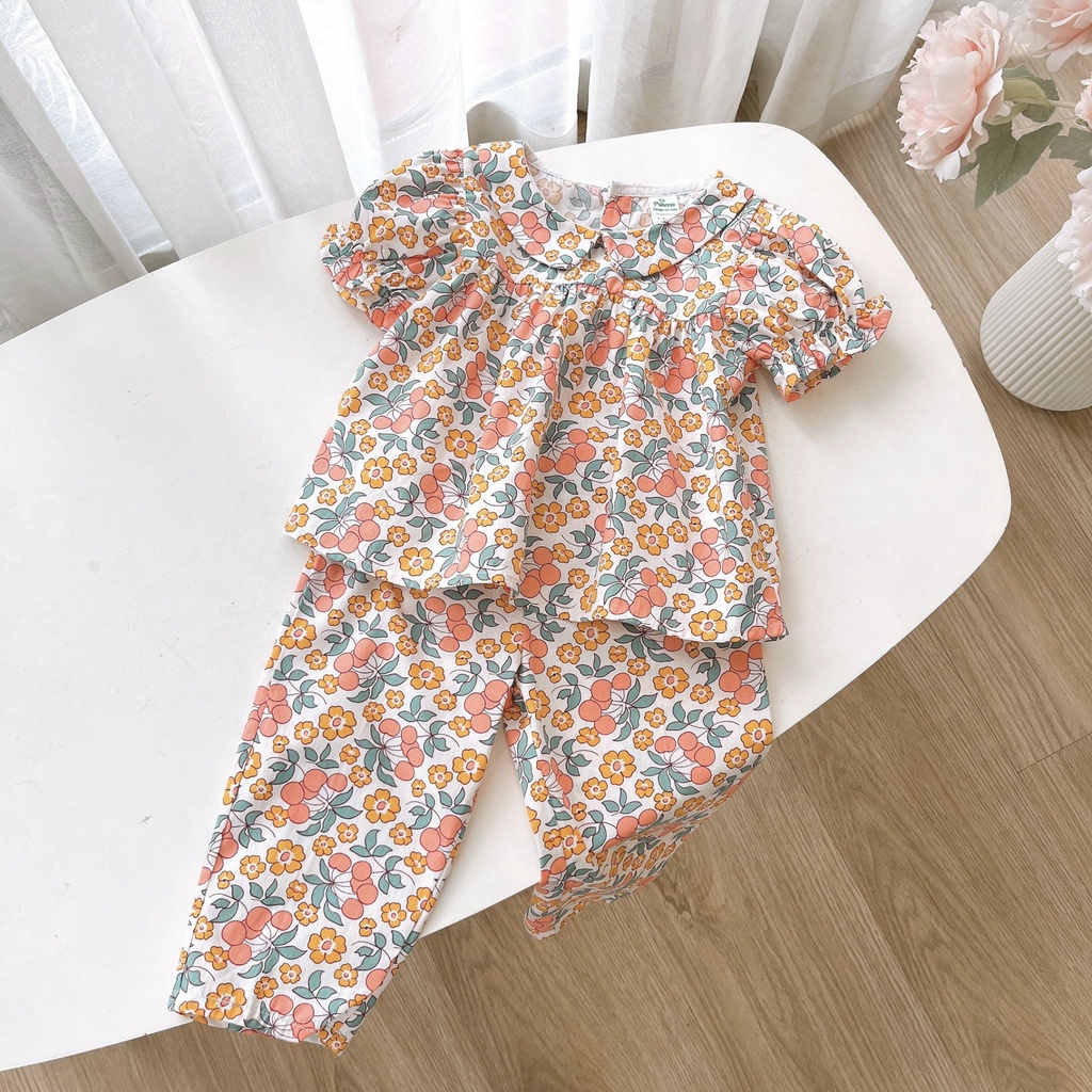 Set bộ bé gái NR04 hoạ tiết hoa lá Hồng,Cam,Vàng  Ngò Rí Store