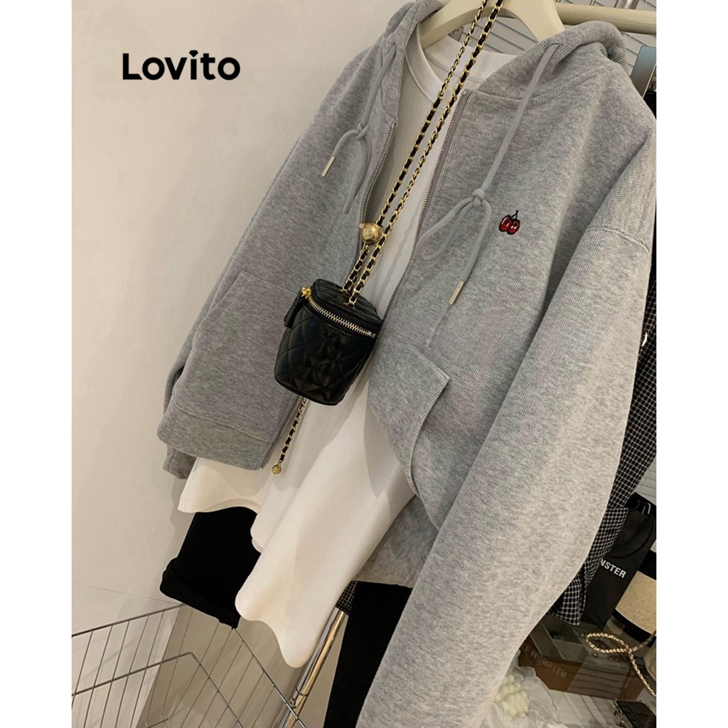 Lovito Áo khoác dây kéo thêu trơn thông thường cho nữ LNE30228