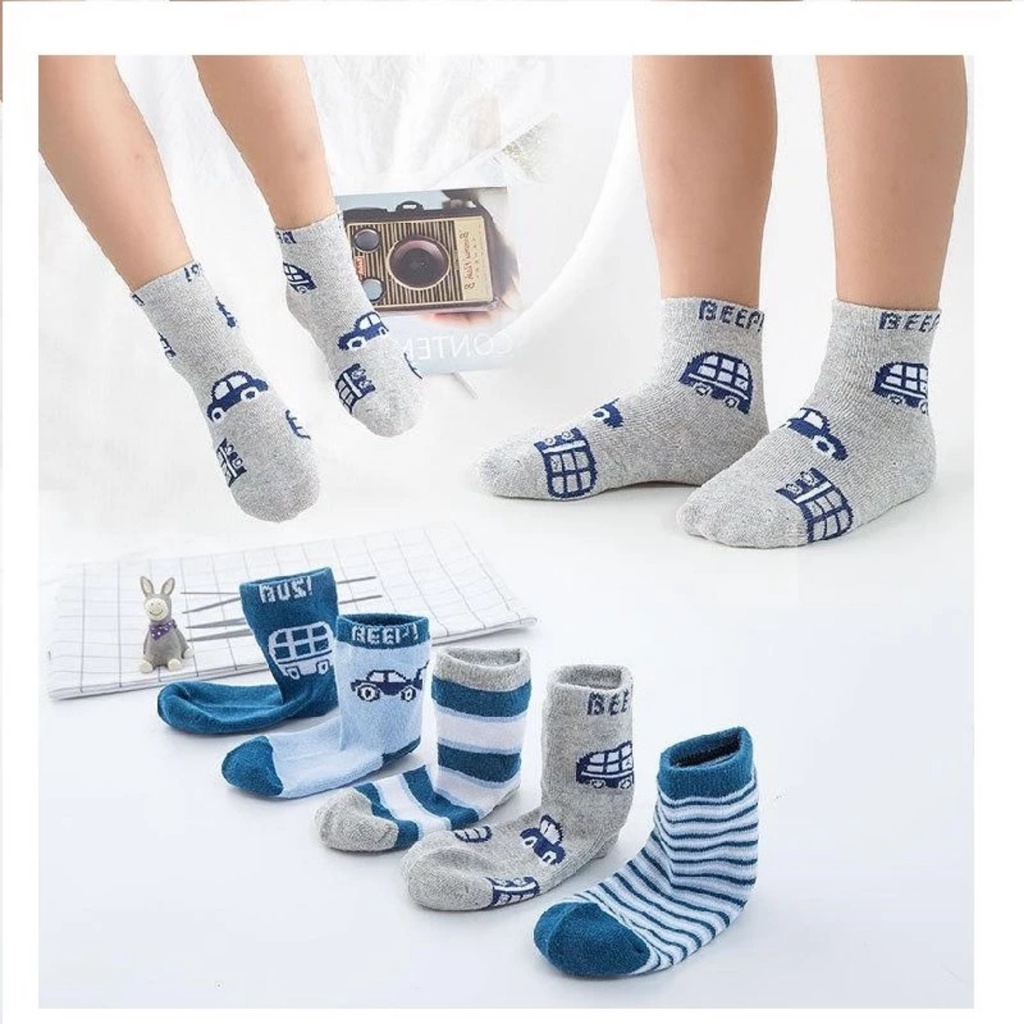 PVN61521 Set 5 đôi tất vớ cotton len họa tiết dâu tây, ô tô cho bé trai, bé gái