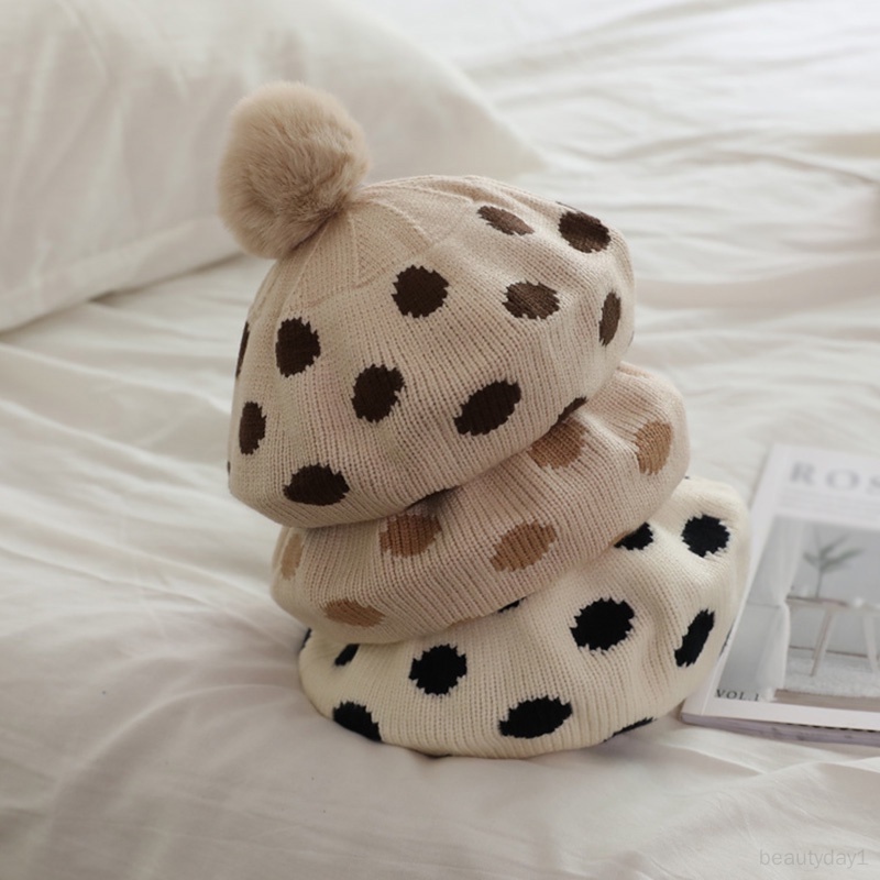 Mũ Nồi Dệt Kim Co Giãn Đính Quả Bông Dễ Thương Cho Bé Gái