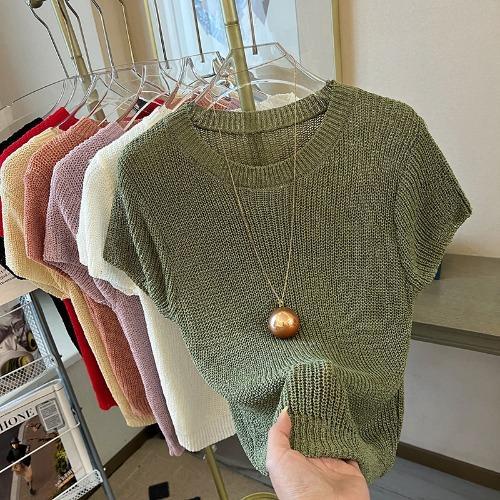 Áo sweater Dệt Kim Tay Ngắn Vải Lụa Lạnh Mỏng Thời Trang Mùa Hè 2023 Phong Cách Pháp Cho Nữ