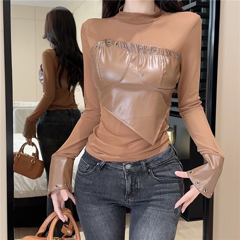 Áo Da pu Dài Tay Phối Lỗ Thời Trang Gợi Cảm Cho Nữ