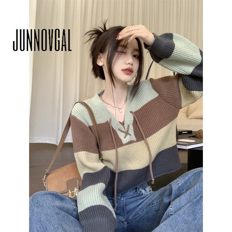 Junnovgal Áo Sweater Cổ Chữ v Tay Dài Dáng Ôm Phối Màu Tương Phản Thời Trang 2023