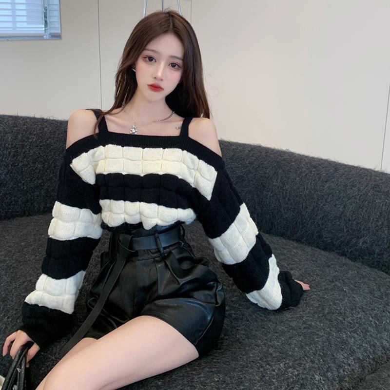 Bộ Áo sweater Dệt Kim + Quần short Da Lưng Cao Dáng Rộng Thời Trang Mùa Thu 2023 Cho Nữ