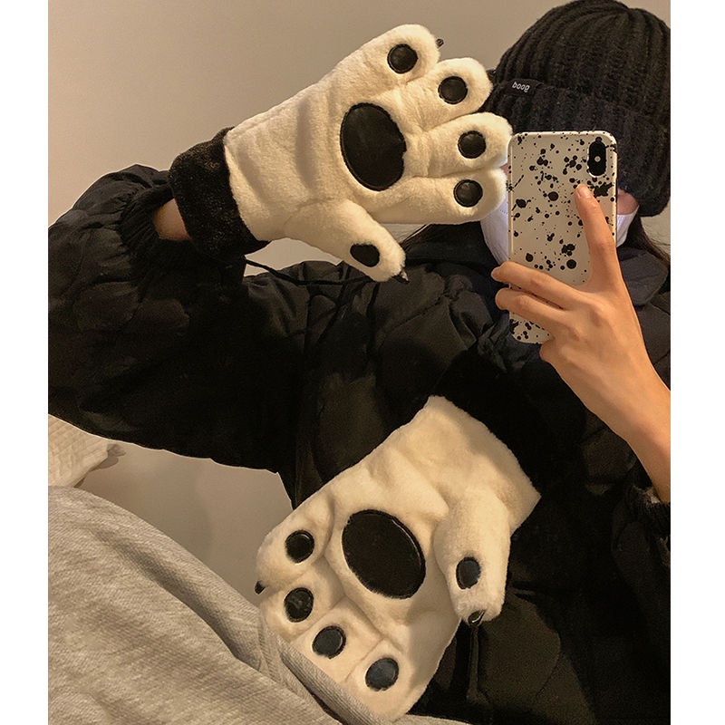 Găng Tay Lông Cừu Dày Giữ Ấm Mùa Đông Hình Chân Gấu Nhỏ Cho Cặp Đôi Đi Xe Đạp