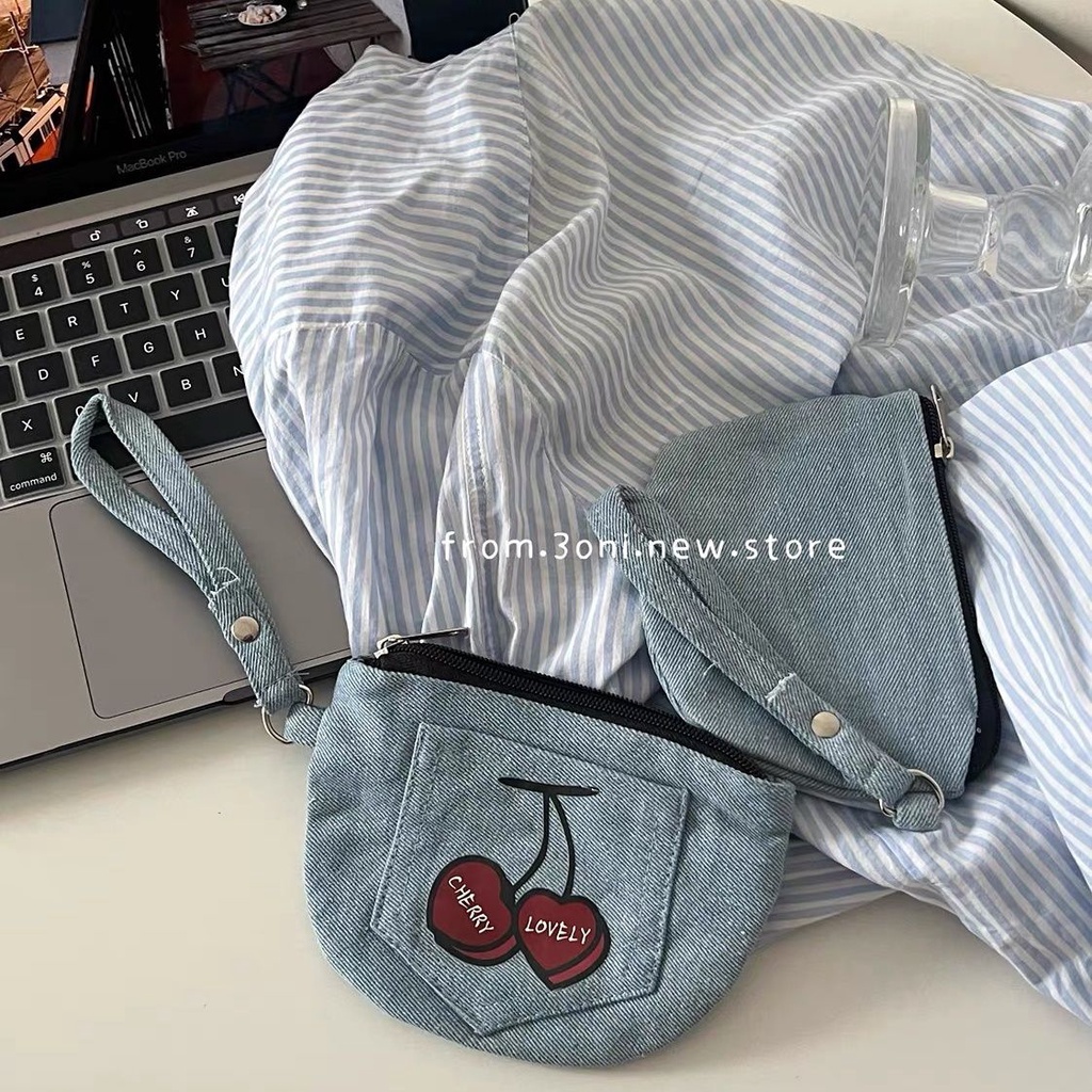 Ví Vải denim Đựng Tiền Xu Màu Xanh cherry Xinh Xắn